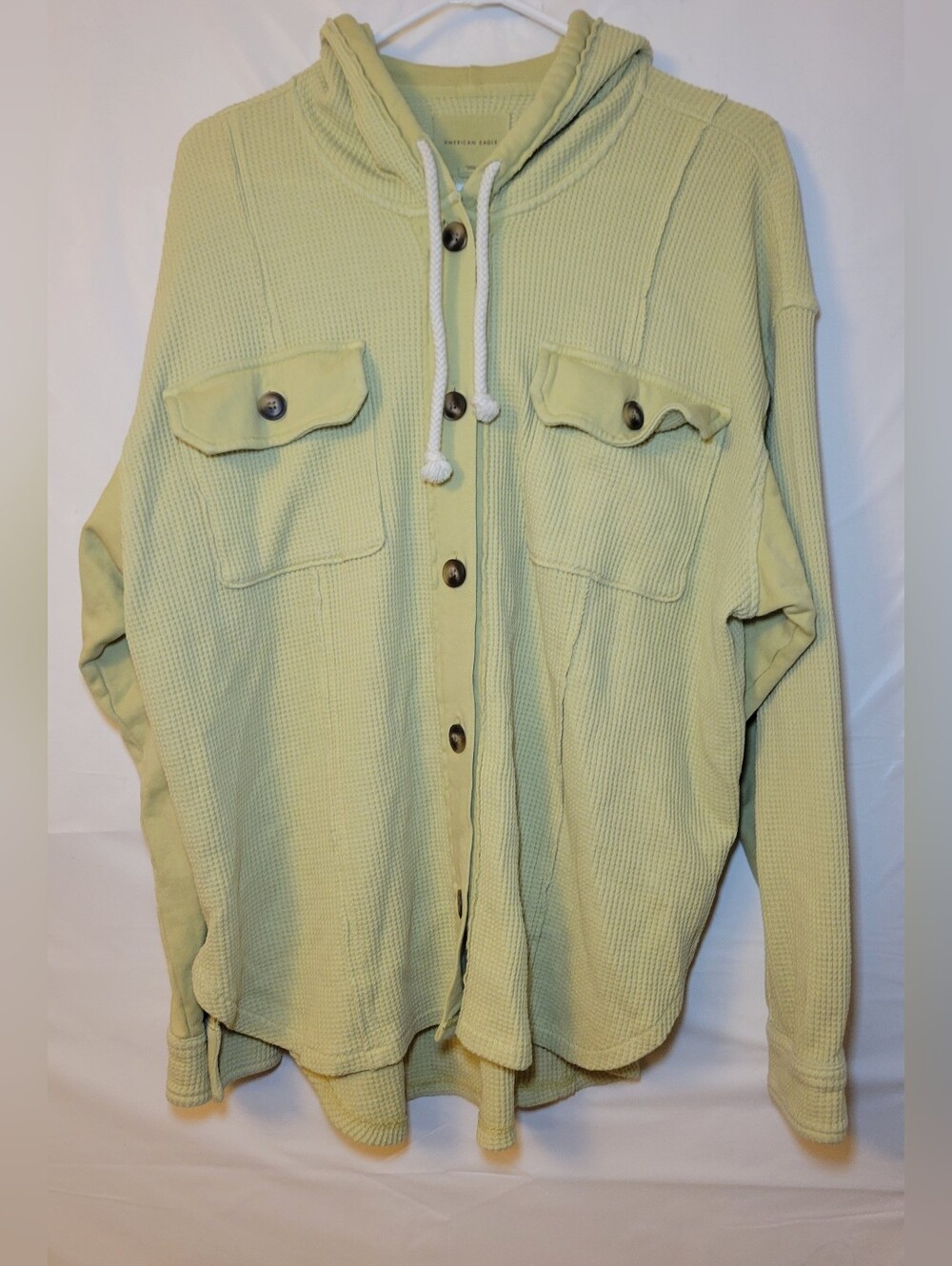 American Eagle Outfitters Light Sage Green Hooded Waffle Knit Button-Up Sweater